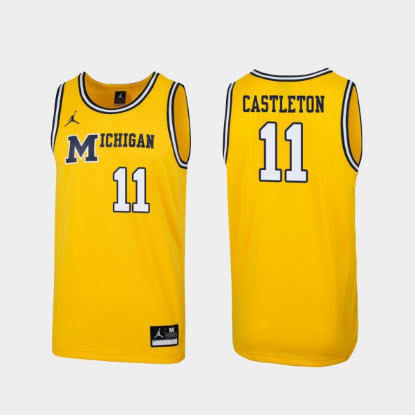 Michigan #11 Mens Colin Castleton Jersey Maize Embroidery Replica 1989 Throwback College Basketball